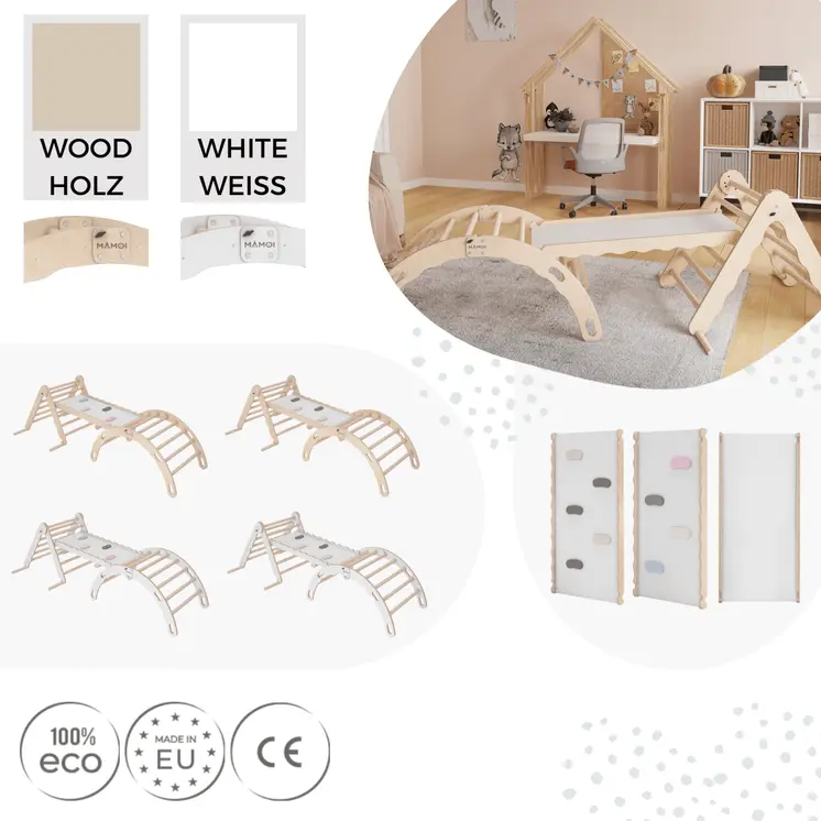 MAMOI® SET: Climbing frame, triangle and slide, Indoor wooden baby gym for toddlers, Toddler rockers, Climbers & play structures montessori from age 1-3 year old