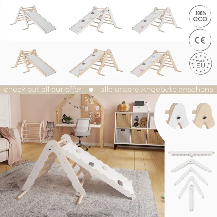 MAMOI® Triangle descalade avec toboggan interieur pour enfant, Mur escalade intérieur en bois pour bebe à partir de 1/2/3 an, Motricité libre montessori