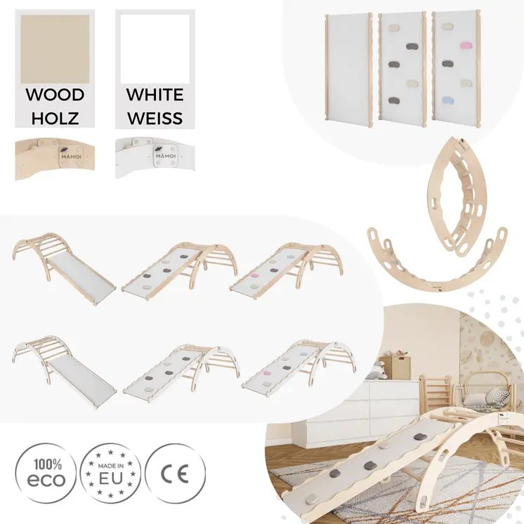 MAMOI® Triangle avec toboggan interieur, Mur escalade pour enfant, Aire de jeux pour bebe, Espalier en bois, Rocker arche à partir de 1/2/3 an, Bascule montessori