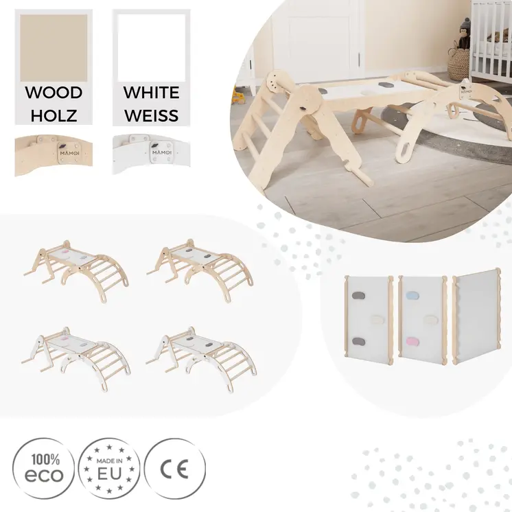 MAMOI® SET: Climbing frame, triangle and slide, Indoor wooden baby gym for toddlers, Toddler rockers, Climbers & play structures montessori from age 1-3 year old