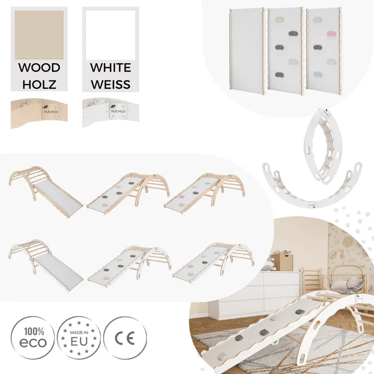 MAMOI® Indoor climbing frame 3 in 1 SET. Montessori climbing arch with cushions, indoor playground 1-3 years and slide for children.
