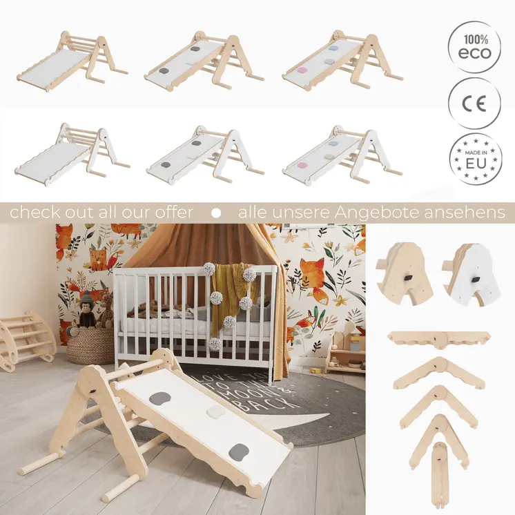 MAMOI® Triangle descalade avec toboggan interieur pour enfant, Mur escalade intérieur en bois pour bebe à partir de 1/2/3 an, Motricité libre montessori