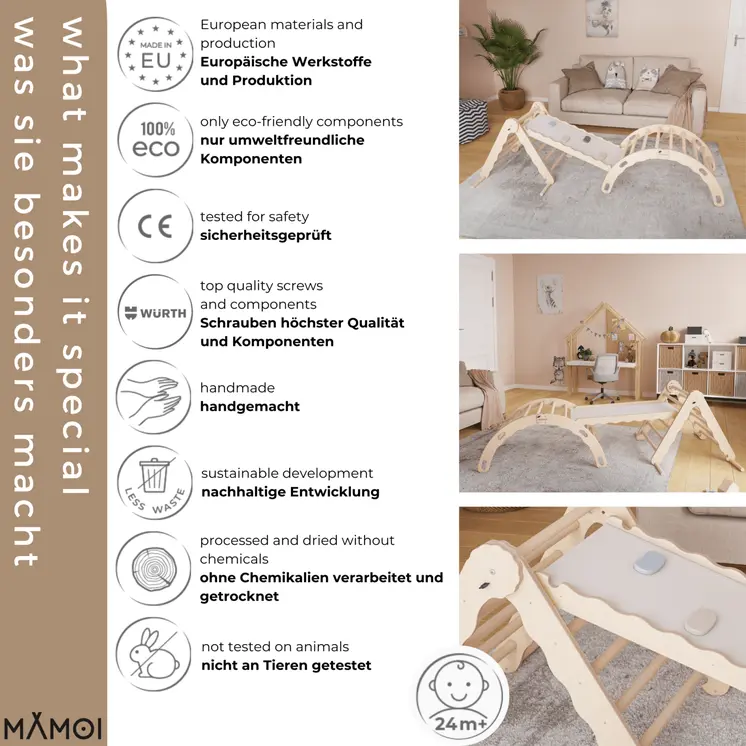 MAMOI® Set Klettergerüst indoor, Kletterdreieck mit rutsche aus holz, Kletterbogen, Baby kinder klettern, Regenbogenwippe mit Rutschbrett, Holzbogen für Spielplatz ab 1/2/3 jahre, Montessori