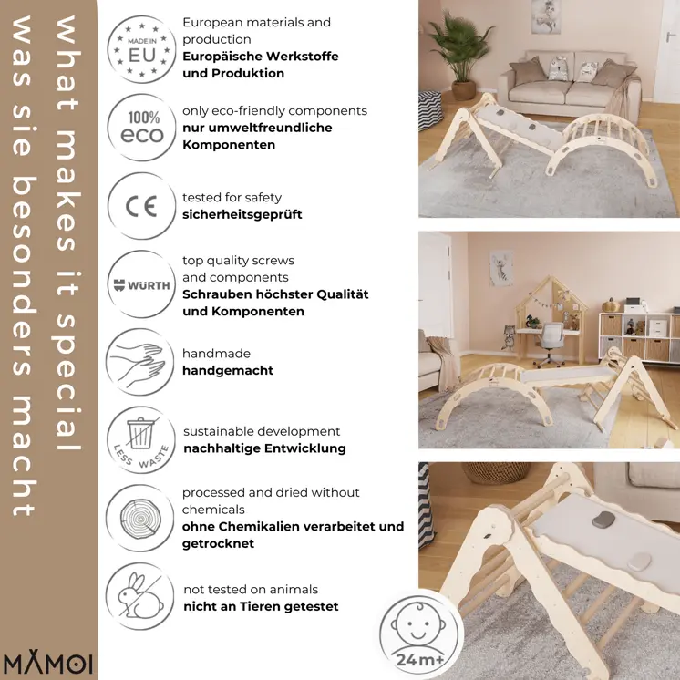 MAMOI® SET: Climbing frame, triangle and slide, Indoor wooden baby gym for toddlers, Toddler rockers, Climbers & play structures montessori from age 1-3 year old