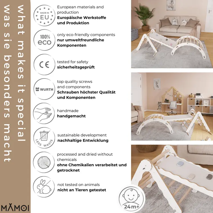 MAMOI® Set : Triangle, arche escalade et toboggan pour enfant, Structure motricité interieur pour bébé, Mur descalade et tobogan intérieur en bois pour bebe, Motricite montessori 3 ans