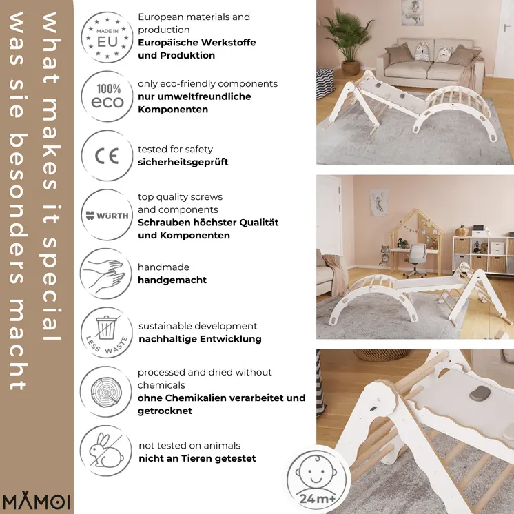 MAMOI® Set: Climbing triangle + Cradle + Slide for children | Climbing frame and slide for kids minimalist design | Yarnwood triangle for toddlers with slide 100% ECO | Made in EU