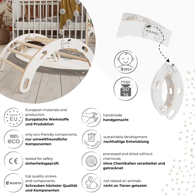 MAMOI® Kletterbogen, Kletterdreieck, Baby klettern, Regenbogenwippe aus holz, Holzbogen für Kinder, Spielplatz, Klettergerüst indoor ab 1 jahr 2/3 jahre, Montessori