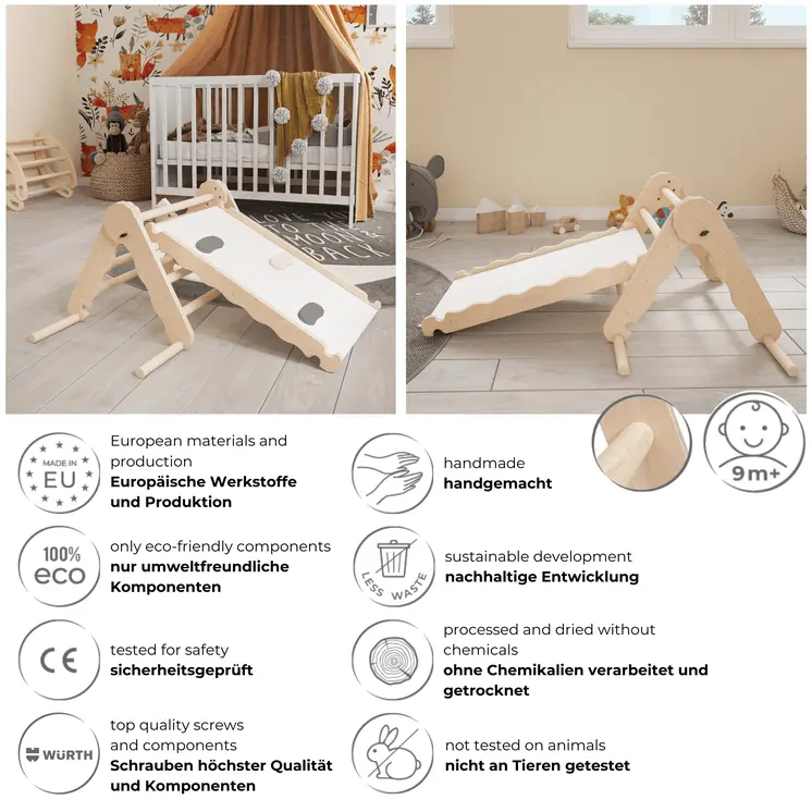 MAMOI® Triangle descalade avec toboggan interieur pour enfant, Mur escalade intérieur en bois pour bebe à partir de 1/2/3 an, Motricité libre montessori