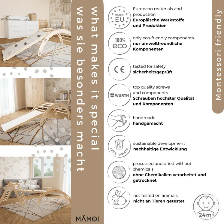MAMOI® Triangle avec toboggan interieur, Mur escalade pour enfant, Aire de jeux pour bebe, Espalier en bois, Rocker arche à partir de 1/2/3 an, Bascule montessori