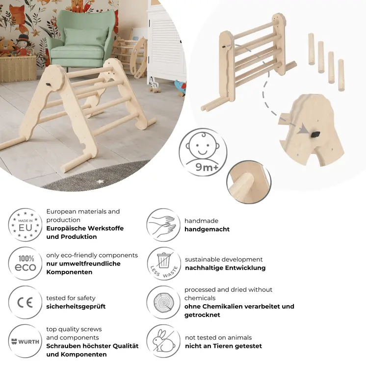 MAMOI® Triangle descalade interieur pour enfant, Mur escalade intérieur en bois pour bebe à partir de 1/2/3 an, Motricité libre montessori