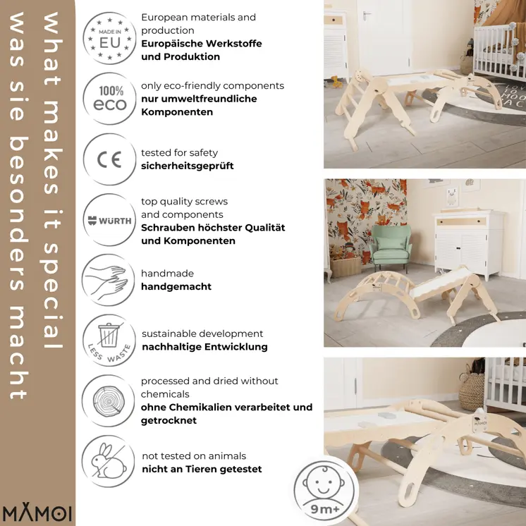 MAMOI® SET: Climbing frame, triangle and slide, Indoor wooden baby gym for toddlers, Toddler rockers, Climbers & play structures montessori from age 1-3 year old