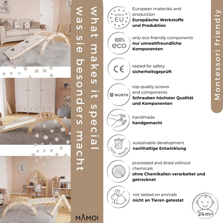 MAMOI® Kletterbogen mit rutsche, Kletterdreieck, Baby klettern, Regenbogenwippe aus holz, Holzbogen für Kinder, Rutschbrett für spielplatz, Klettergerüst indoor ab 1 jahr 2/3 jahre, Montessori