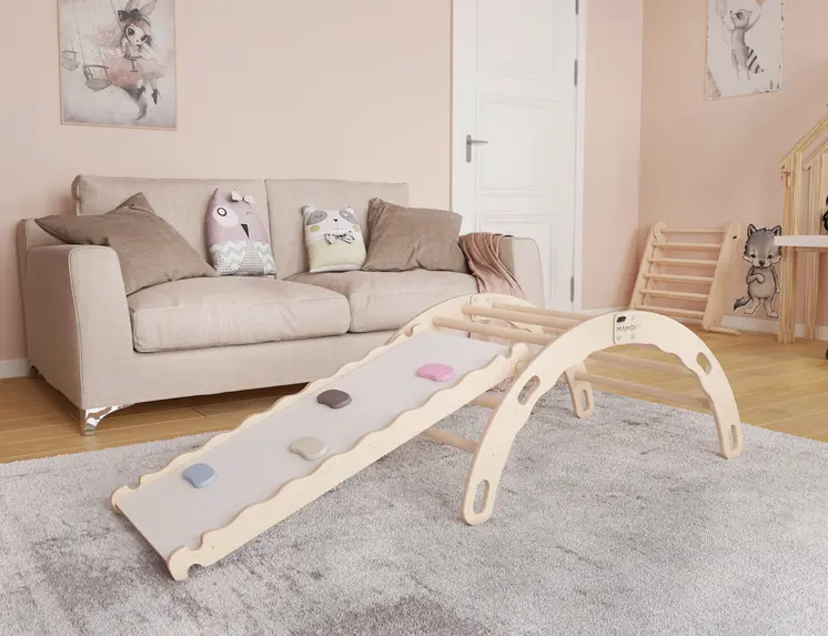 MAMOI® Kletterbogen mit rutsche, Kletterdreieck, Baby klettern, Regenbogenwippe aus holz, Holzbogen für Kinder, Rutschbrett für spielplatz, Klettergerüst indoor ab 1 jahr 2/3 jahre, Montessori