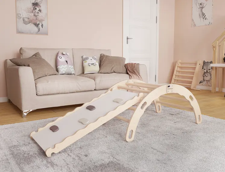 MAMOI® Kletterbogen mit rutsche, Kletterdreieck, Baby klettern, Regenbogenwippe aus holz, Holzbogen für Kinder, Rutschbrett für spielplatz, Klettergerüst indoor ab 1 jahr 2/3 jahre, Montessori