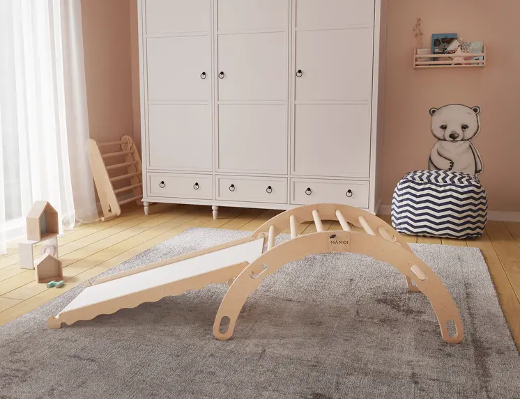 MAMOI® Kletterbogen mit rutsche, Kletterdreieck, Baby klettern, Regenbogenwippe aus holz, Holzbogen für Kinder, Rutschbrett für spielplatz, Klettergerüst indoor ab 1 jahr 2/3 jahre, Montessori