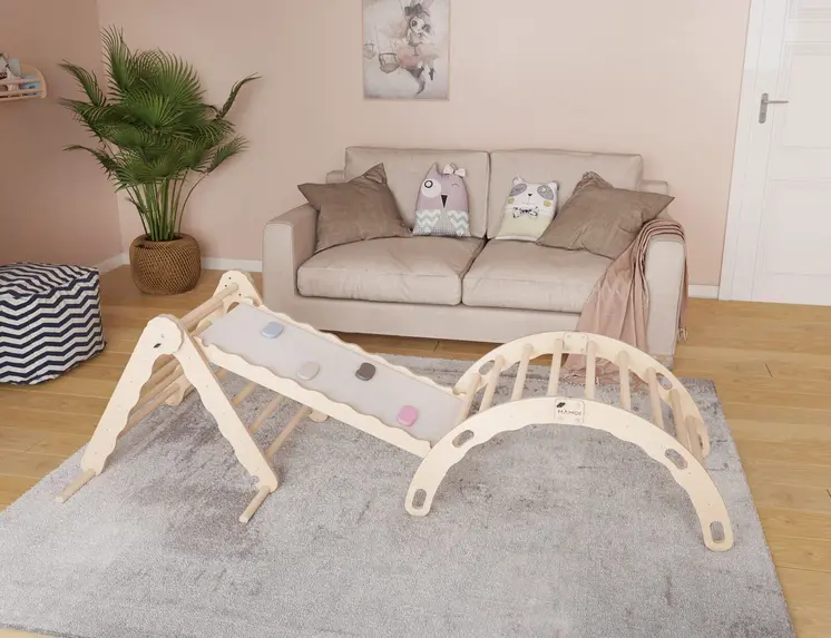 MAMOI® Set Klettergerüst indoor, Kletterdreieck mit rutsche aus holz, Kletterbogen, Baby kinder klettern, Regenbogenwippe mit Rutschbrett, Holzbogen für Spielplatz ab 1/2/3 jahre, Montessori