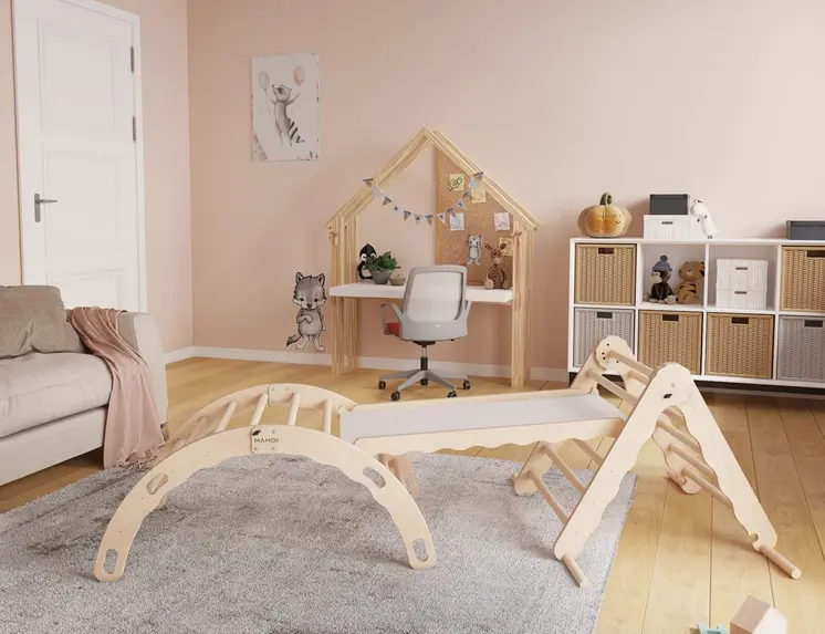 MAMOI® Set Klettergerüst indoor, Kletterdreieck mit rutsche aus holz, Kletterbogen, Baby kinder klettern, Regenbogenwippe mit Rutschbrett, Holzbogen für Spielplatz ab 1/2/3 jahre, Montessori