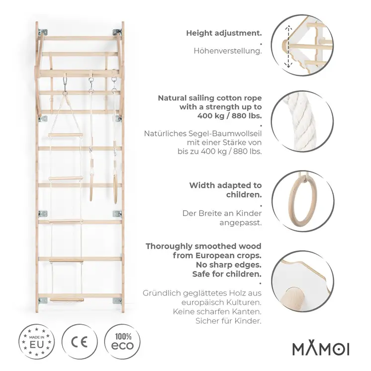 MAMOI® Klettergerüst Indoor, Sprossenwand für kinderzimmer, Turnringe kinder für klettern, Kletterwand und spielgeräte Yarnwood, Turngeräte mit Klimmzugstange für drinnen, Sportgeräte ab 3 jahre