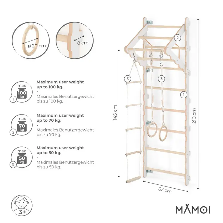 MAMOI® Klettergerüst Indoor, Sprossenwand für kinderzimmer, Turnringe kinder für klettern, Kletterwand und spielgeräte Yarnwood, Turngeräte mit Klimmzugstange für drinnen, Sportgeräte ab 3 jahre