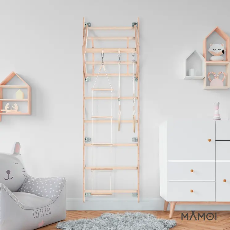 MAMOI® Klettergerüst Indoor, Sprossenwand für kinderzimmer, Turnringe kinder für klettern, Kletterwand und spielgeräte Yarnwood, Turngeräte mit Klimmzugstange für drinnen, Sportgeräte ab 3 jahre