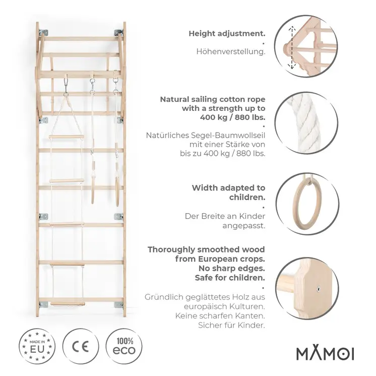 MAMOI® Swedish ladder, Wooden gorilla gym for kids, Indoor baby climbing frame for toddlers, Monkey bars and play gym, Childrens climbing wall, Gymnastics bar and equipment for home