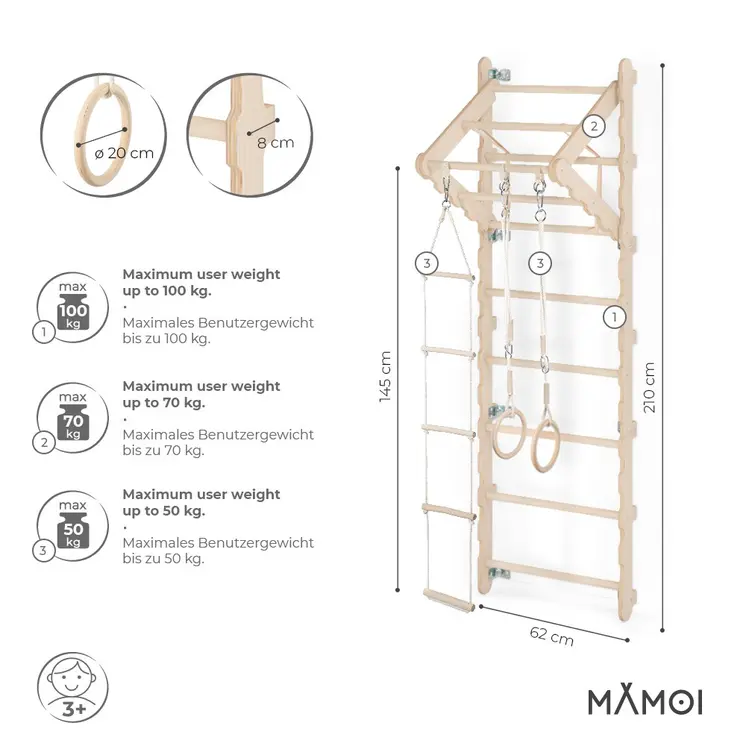 MAMOI® Swedish ladder, Wooden gorilla gym for kids, Indoor baby climbing frame for toddlers, Monkey bars and play gym, Childrens climbing wall, Gymnastics bar and equipment for home