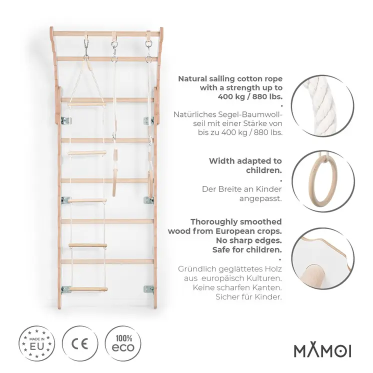 MAMOI® Espalier en bois, Mur escalade suedois pour enfant, Échelle suedoise pour bebe, Jeux descalade et gym avec accessoires, Barre et anneaux gymnastique