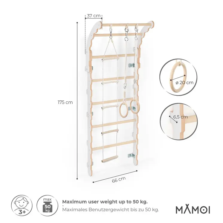 MAMOI® Espalier en bois, Mur escalade suedois pour enfant, Échelle suedoise pour bebe, Jeux descalade et gym avec accessoires, Barre et anneaux gymnastique