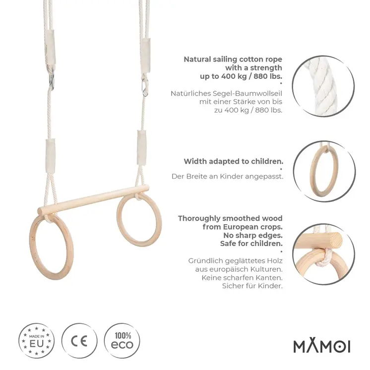 MAMOI® Trapeze bar baby swing, Indoor gymnastic rings, Monkey bars gorilla gym, Gymnastics pull up equipment for kids, Olympic rings and swings for calisthenics