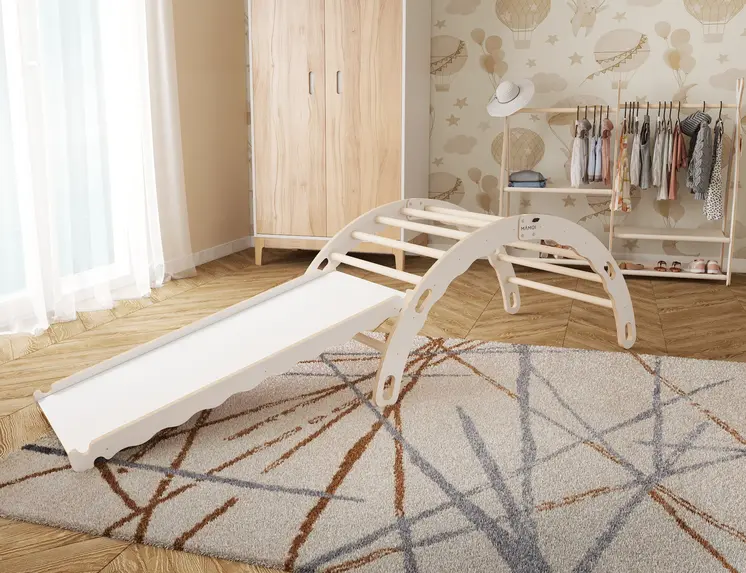 MAMOI® Indoor climbing frame 3 in 1 SET. Montessori climbing arch with cushions, indoor playground 1-3 years and slide for children.