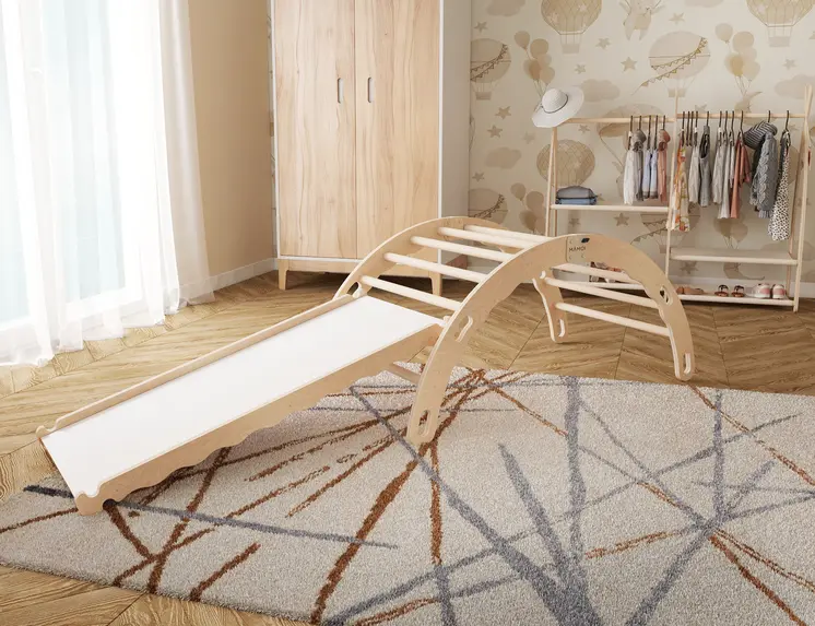 MAMOI® Triangle avec toboggan interieur, Mur escalade pour enfant, Aire de jeux pour bebe, Espalier en bois, Rocker arche à partir de 1/2/3 an, Bascule montessori