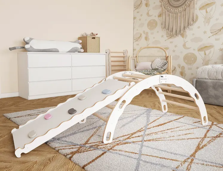 MAMOI® Indoor climbing frame 3 in 1 SET. Montessori climbing arch with cushions, indoor playground 1-3 years and slide for children.