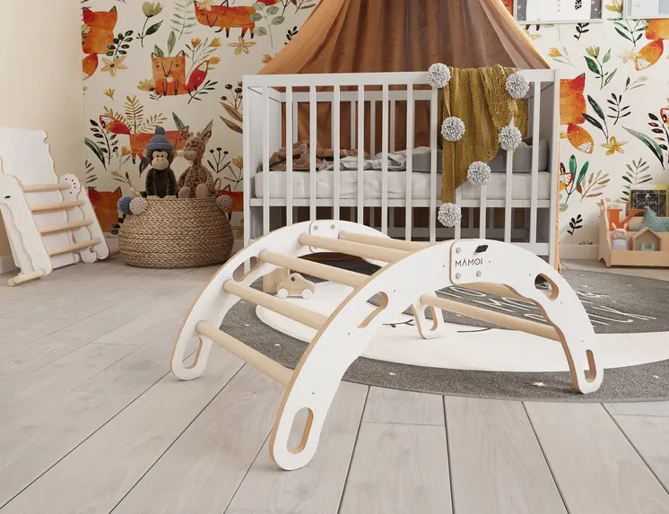 MAMOI® Kletterbogen, Kletterdreieck, Baby klettern, Regenbogenwippe aus holz, Holzbogen für Kinder, Spielplatz, Klettergerüst indoor ab 1 jahr 2/3 jahre, Montessori