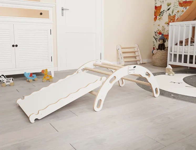 MAMOI® Indoor climbing frame for toddlers, Wooden baby gym with slide, Play gym rocker toys made of wood for toddler, Rockers montessori climbing frame age 1-3