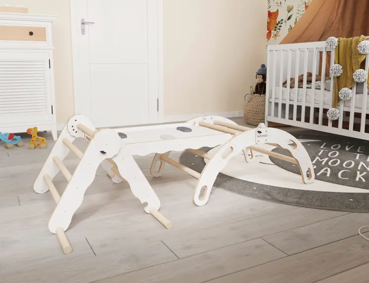 MAMOI® Set: Climbing triangle + Cradle + Slide for children | Climbing frame and slide for kids minimalist design | Yarnwood triangle for toddlers with slide 100% ECO | Made in EU