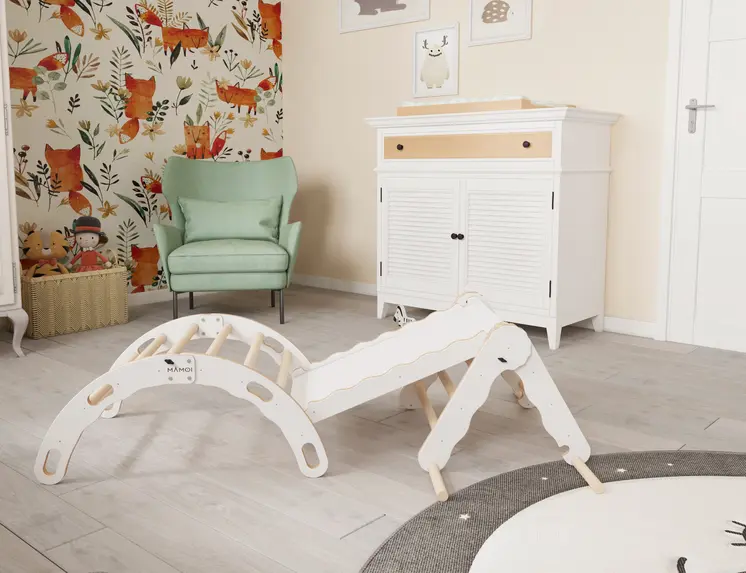 MAMOI® Set : Triangle, arche escalade et toboggan pour enfant, Structure motricité interieur pour bébé, Mur descalade et tobogan intérieur en bois pour bebe, Motricite montessori 3 ans