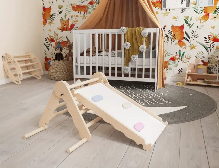 MAMOI® Triangle descalade avec toboggan interieur pour enfant, Mur escalade intérieur en bois pour bebe à partir de 1/2/3 an, Motricité libre montessori
