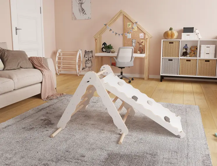 MAMOI® Triangle descalade avec toboggan interieur pour enfant, Mur escalade intérieur en bois pour bebe à partir de 1/2/3 an, Motricité libre montessori