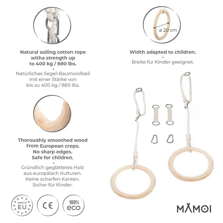 MAMOI® Trapez schaukel, Turnringe aus holz, Turngeräte für kinder indoor und outdoor, Ringe schaukel, Turnen mit Holzschaukel, Gymnastikringe und Trapezstange