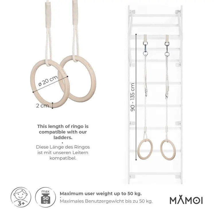 MAMOI® Trapez schaukel, Turnringe aus holz, Turngeräte für kinder indoor und outdoor, Ringe schaukel, Turnen mit Holzschaukel, Gymnastikringe und Trapezstange