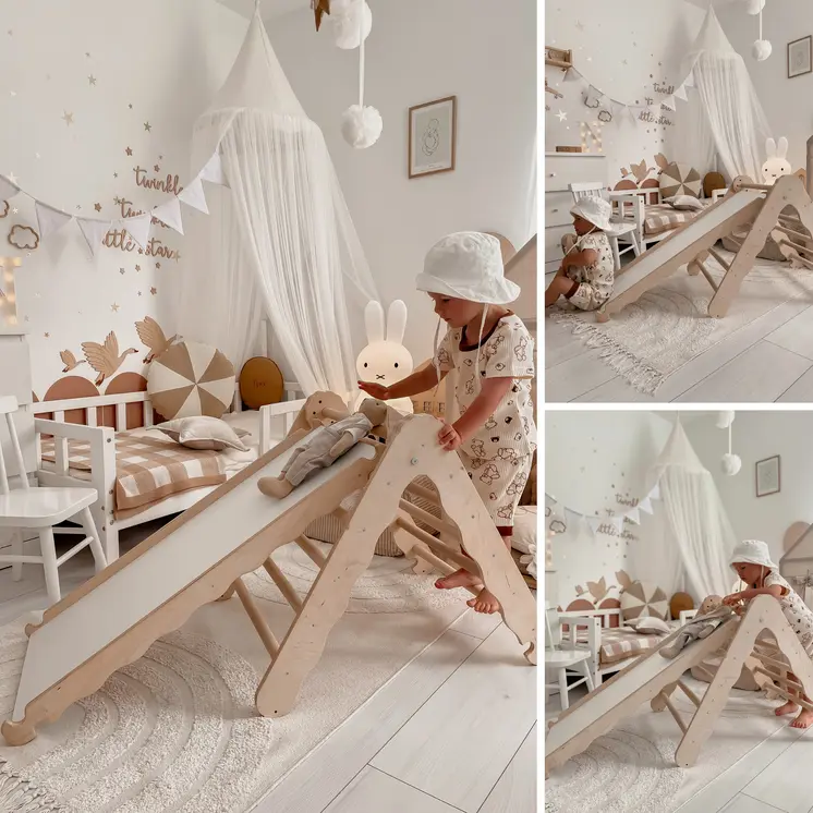MAMOI® Klettergerüst indoor, Kletterdreieck mit rutsche holz, Baby kinder klettern, Kletterturm rutschbrett, Kletterbogen kinderrutsche, Regenbogenwippe, Montessori spielzeug ab 1 jahr 2/3 jahre