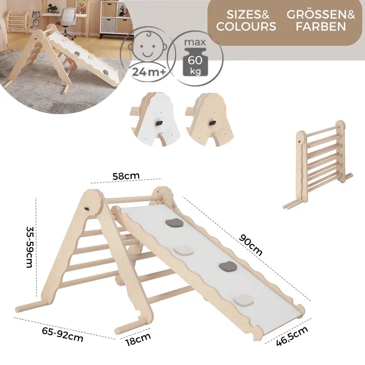 MAMOI® Klettergerüst indoor, Kletterdreieck mit rutsche holz, Baby kinder klettern, Kletterturm rutschbrett, Kletterbogen kinderrutsche, Regenbogenwippe, Montessori spielzeug ab 1 jahr 2/3 jahre