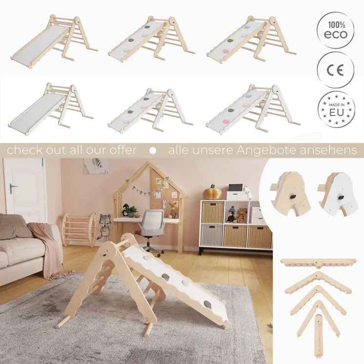 MAMOI® Klettergerüst indoor, Kletterdreieck mit rutsche holz, Baby kinder klettern, Kletterturm rutschbrett, Kletterbogen kinderrutsche, Regenbogenwippe, Montessori spielzeug ab 1 jahr 2/3 jahre