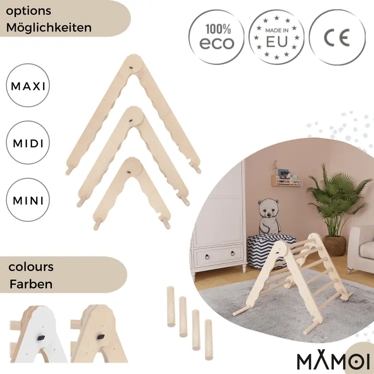 MAMOI® Indoor climbing triangle for kids, Baby climbing frame, Wooden toddler gym for children outside and outdoor, Frames montessori toys for toddlers age 1-3
