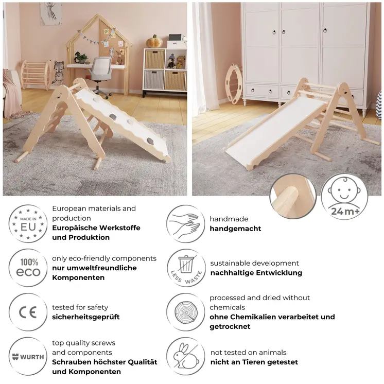 MAMOI® Klettergerüst indoor, Kletterdreieck mit rutsche holz, Baby kinder klettern, Kletterturm rutschbrett, Kletterbogen kinderrutsche, Regenbogenwippe, Montessori spielzeug ab 1 jahr 2/3 jahre