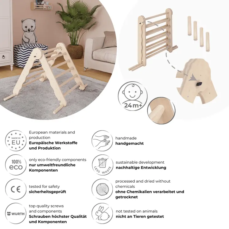 MAMOI® Indoor climbing triangle for kids, Baby climbing frame, Wooden toddler gym for children outside and outdoor, Frames montessori toys for toddlers age 1-3