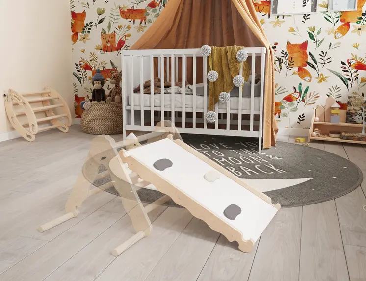 MAMOI® Toboggan interieur pour enfant, Tobogan pour triangle et mur escalade pour bebe, Jeux en bois intérieur, Tobbogan montessori à partir de 1 an 2/3 ans
