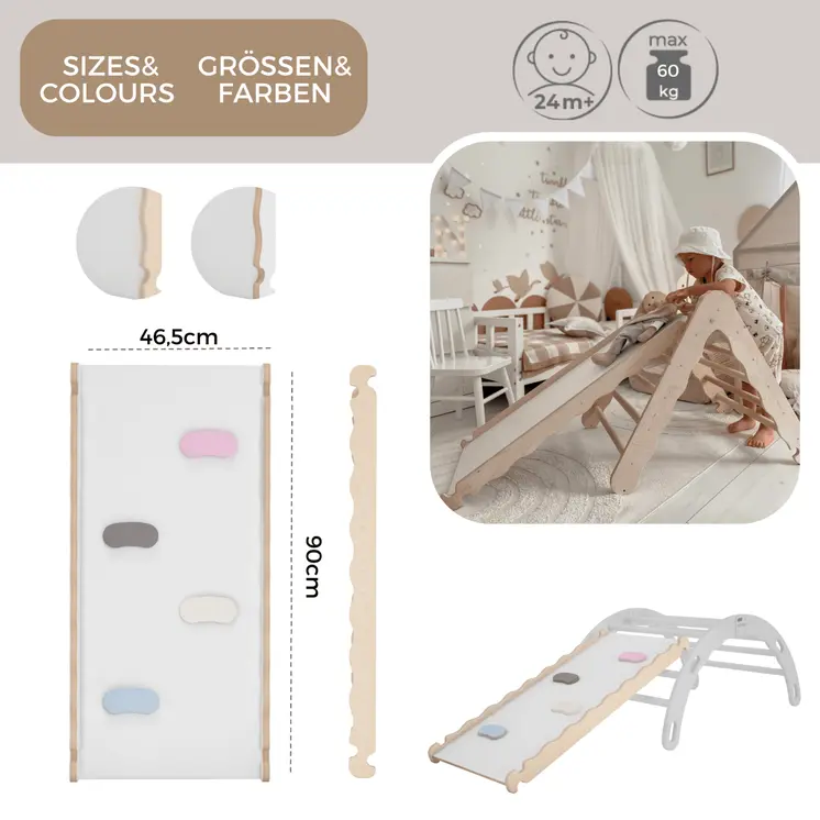MAMOI® Toboggan interieur pour enfant, Tobogan pour triangle et mur escalade pour bebe, Jeux en bois intérieur, Tobbogan montessori à partir de 1 an 2/3 ans