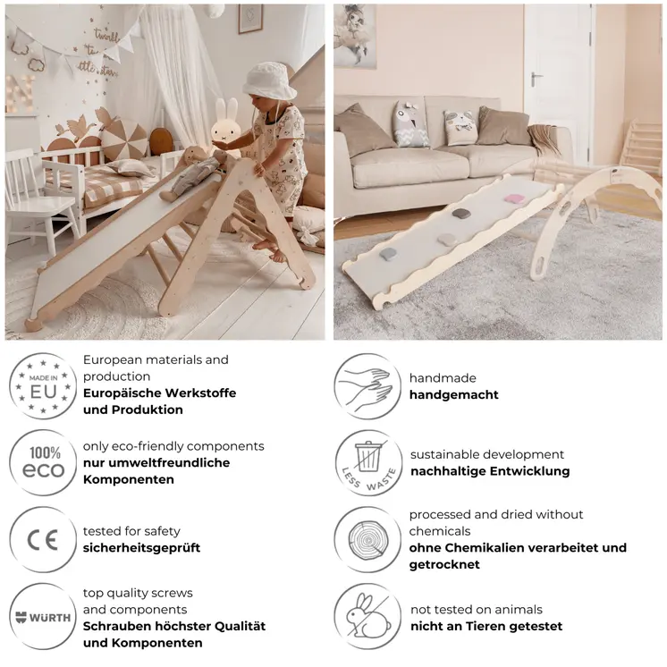 MAMOI® Toboggan interieur pour enfant, Tobogan pour triangle et mur escalade pour bebe, Jeux en bois intérieur, Tobbogan montessori à partir de 1 an 2/3 ans