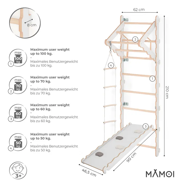 MAMOI® Swedish ladder, Wooden gorilla gym for kids, Indoor baby climbing frame for toddlers, Monkey bars and play gym, Childrens climbing wall, Gymnastics bar and equipment for home
